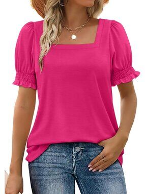 Women's 1 Hot Pink Square Neck Top Summer Casual Ruffle Trim Sleeve T Shirt